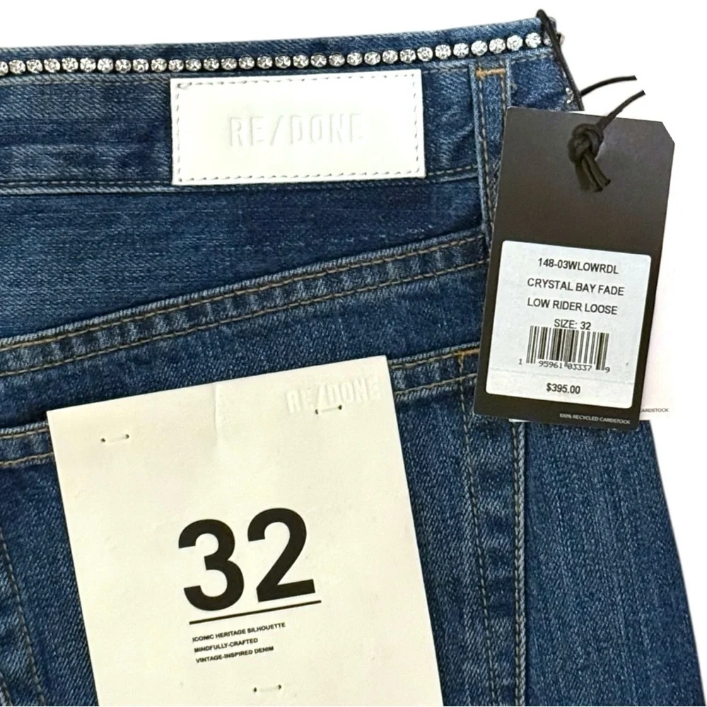 RE/DONE Crystal Bay Fade Low Rider Loose Jeans Rhinestone 32 NWT - Picture 2 of 5